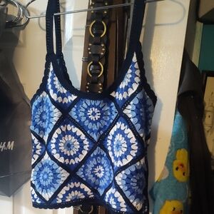 Aqua Blue and White Patterned Crochet Crop Top